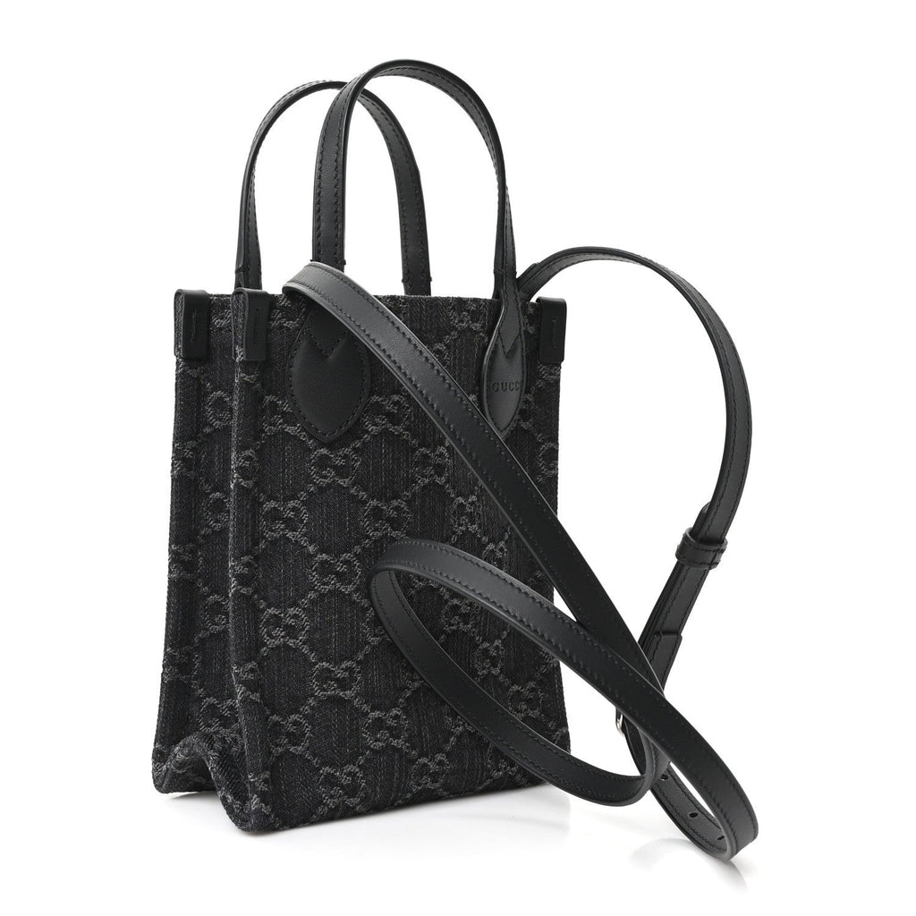 Denim Cuoio Harness GG Monogram Mini Ophidia Tote Bag Black Medium Grey