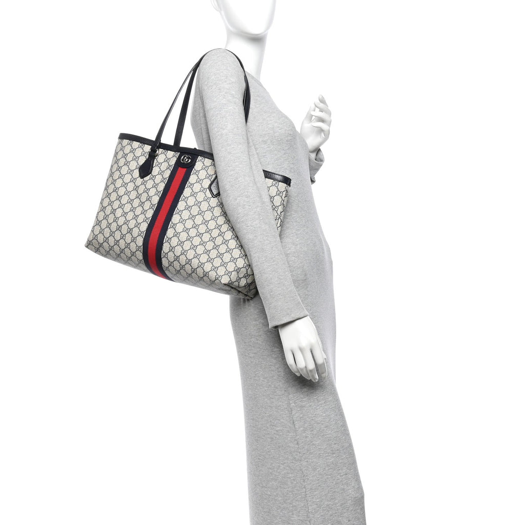 GG Supreme Monogram Textured Calfskin Web Medium Ophidia Shopping Tote Beige Blue