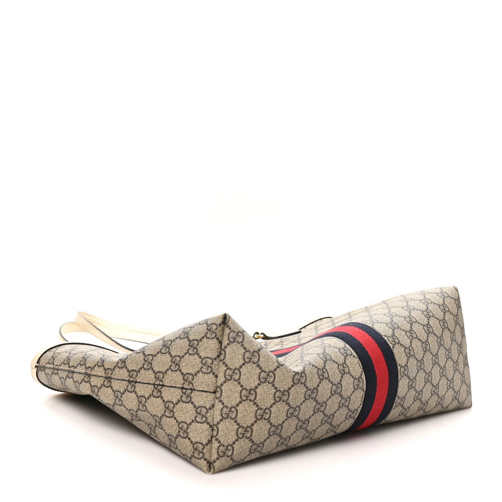 GG Supreme Monogram Textured Dollar Calfskin Web Medium Ophidia Shopping Tote Beige Ebony Mystic White