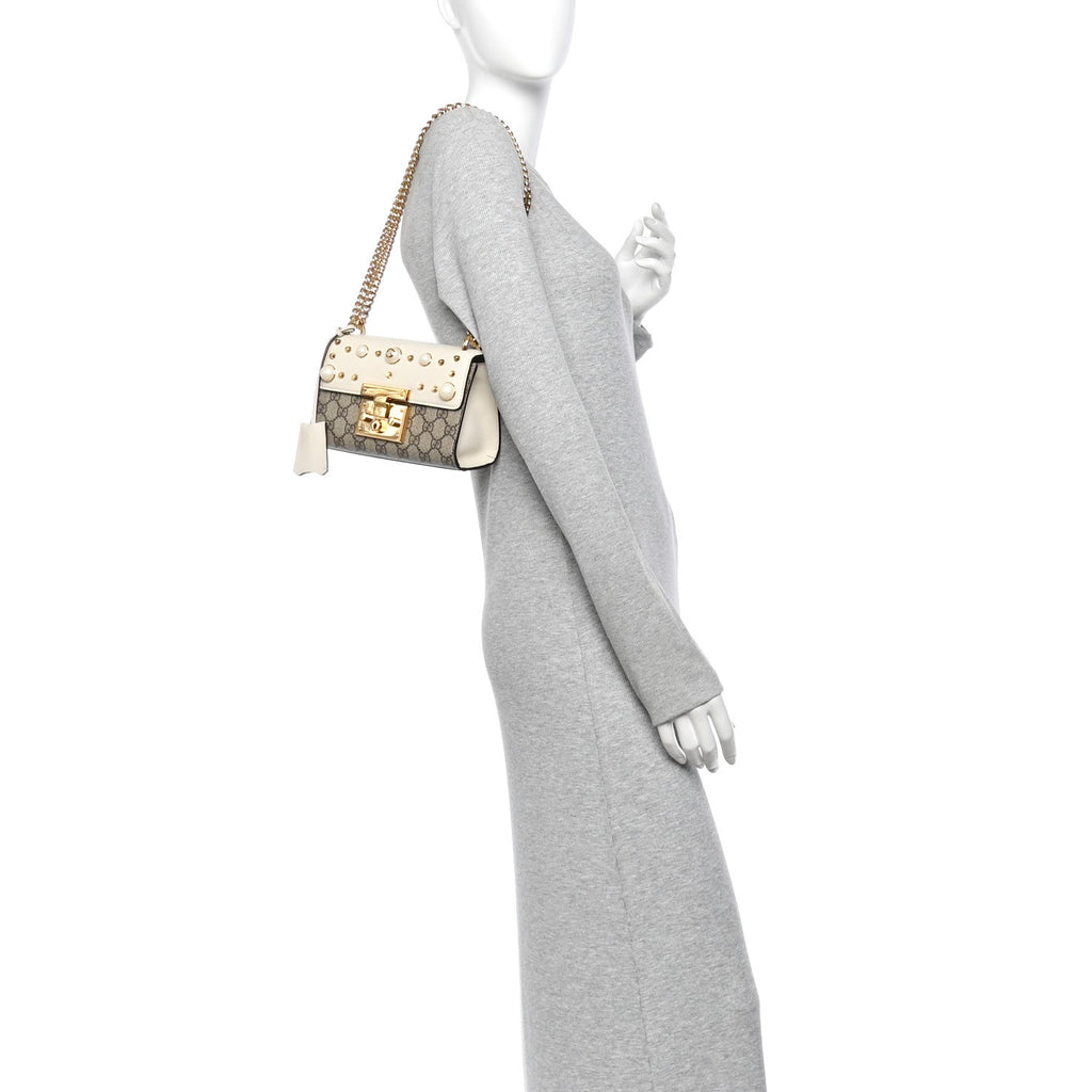 GG Supreme Monogram Studded Small Padlock Shoulder Bag White