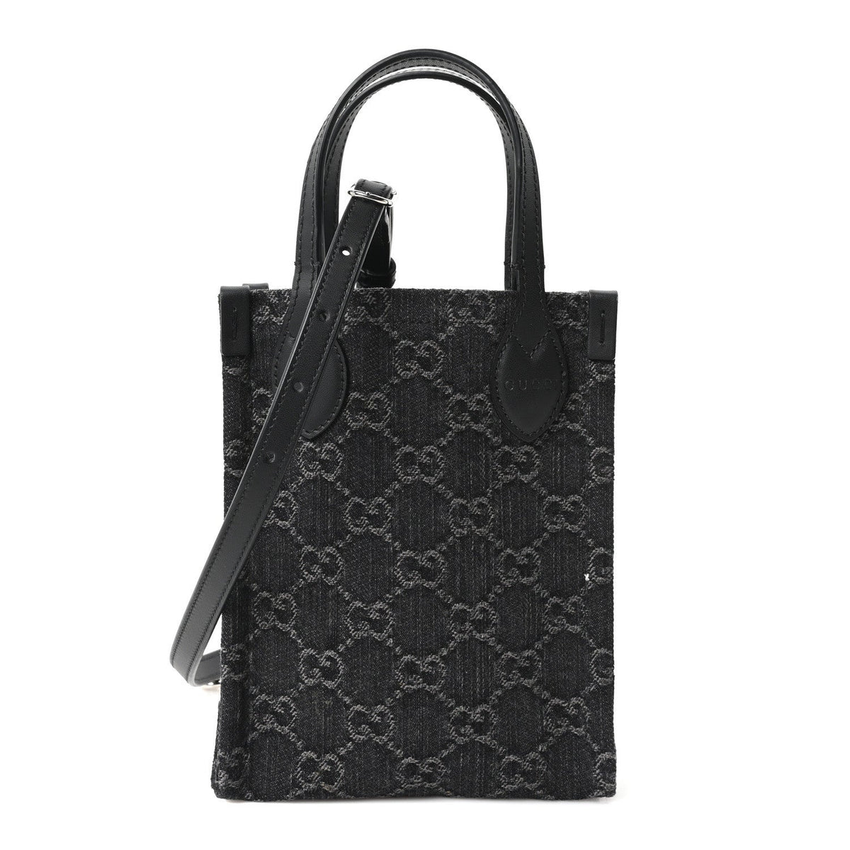Denim Cuoio Harness GG Monogram Mini Ophidia Tote Bag Black Medium Grey