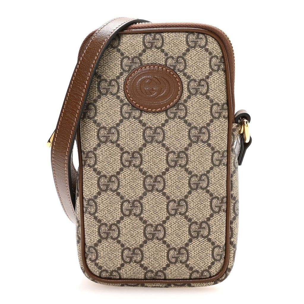 GG Supreme Monogram Textured Calfskin Retro Interlocking G Phone Crossbody Bag Ebony Brown Sugar