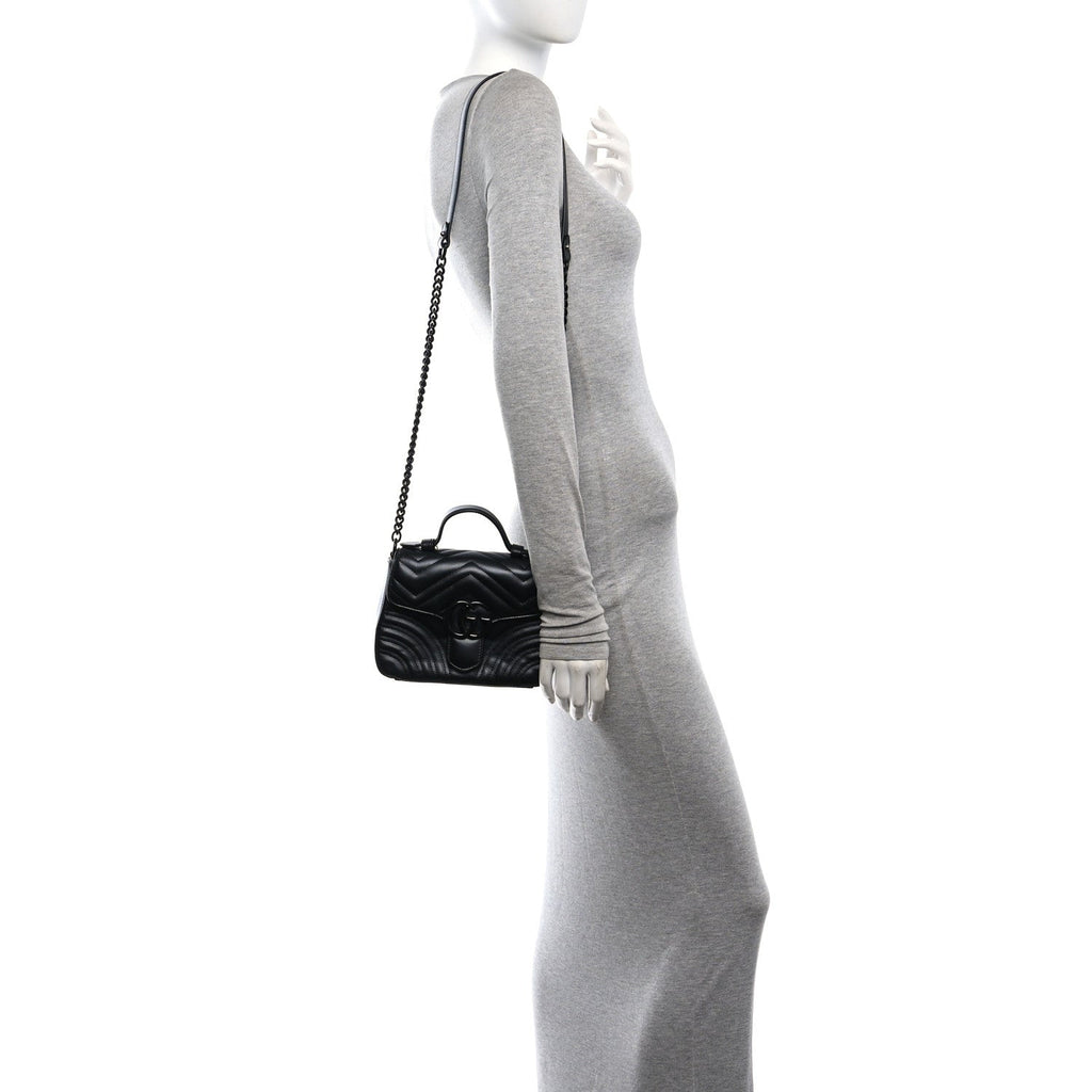 Calfskin Matelasse Monochrome GG Marmont Top Handle Shoulder Bag Black
