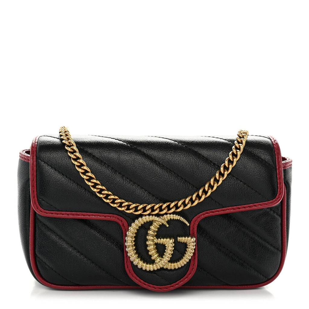 Vintage Effect Calfskin Matelasse Diagonal Super Mini Torchon GG Marmont Shoulder Bag Black Romantic Cherry