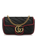Vintage Effect Calfskin Matelasse Diagonal Super Mini Torchon GG Marmont Shoulder Bag Black Romantic Cherry