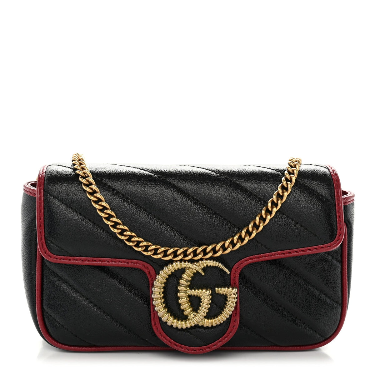 Vintage Effect Calfskin Matelasse Diagonal Super Mini Torchon GG Marmont Shoulder Bag Black Romantic Cherry
