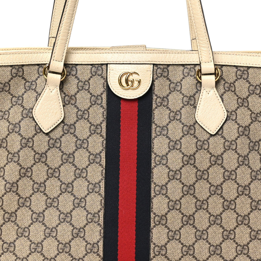 GG Supreme Monogram Textured Dollar Calfskin Web Medium Ophidia Shopping Tote Beige Ebony Mystic White