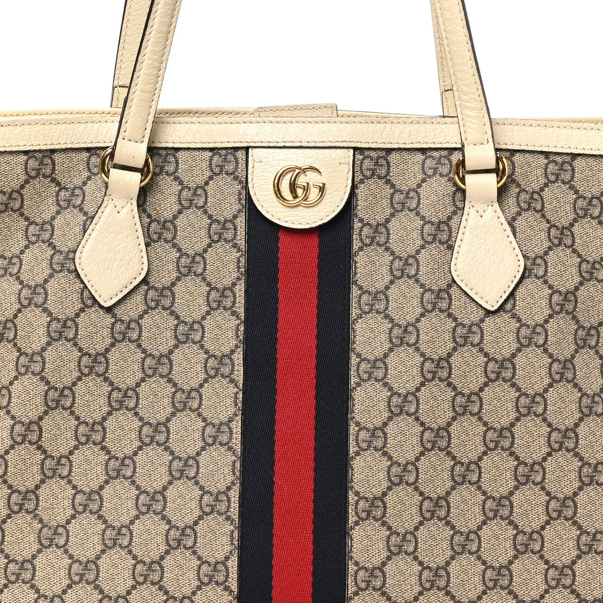 GG Supreme Monogram Textured Dollar Calfskin Web Medium Ophidia Shopping Tote Beige Ebony Mystic White