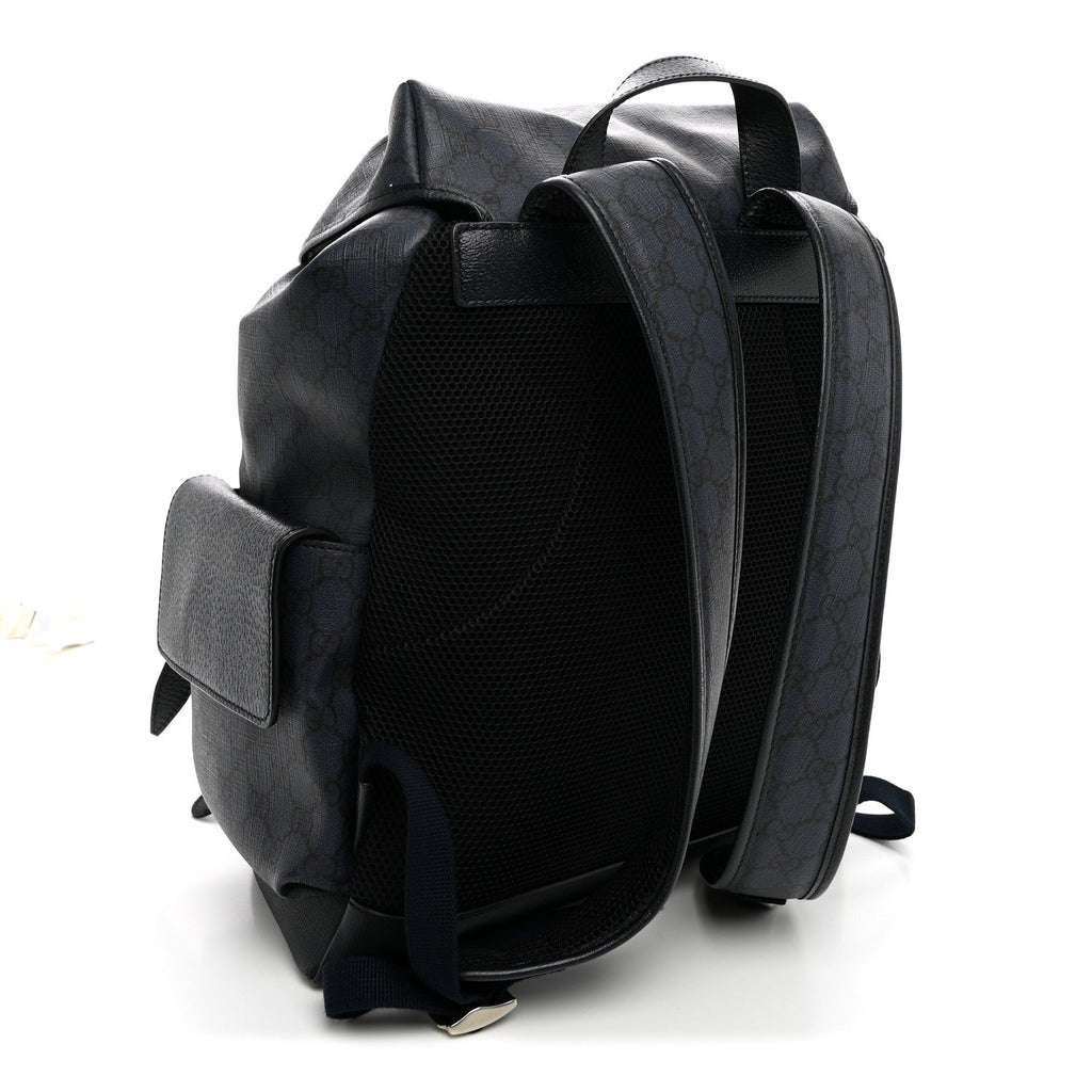 GG Supreme Monogram Textured Dollar Calfskin Medium Ophidia Double Buckle Backpack Blue Dark Blue Black