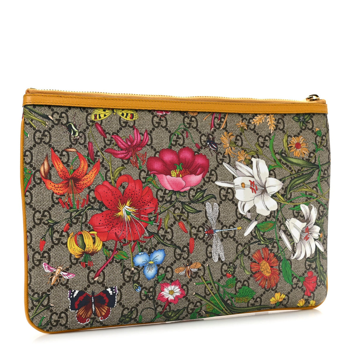 GG Supreme Monogram Flora Large Ophidia Pouch Clutch Beige Multicolor Crop