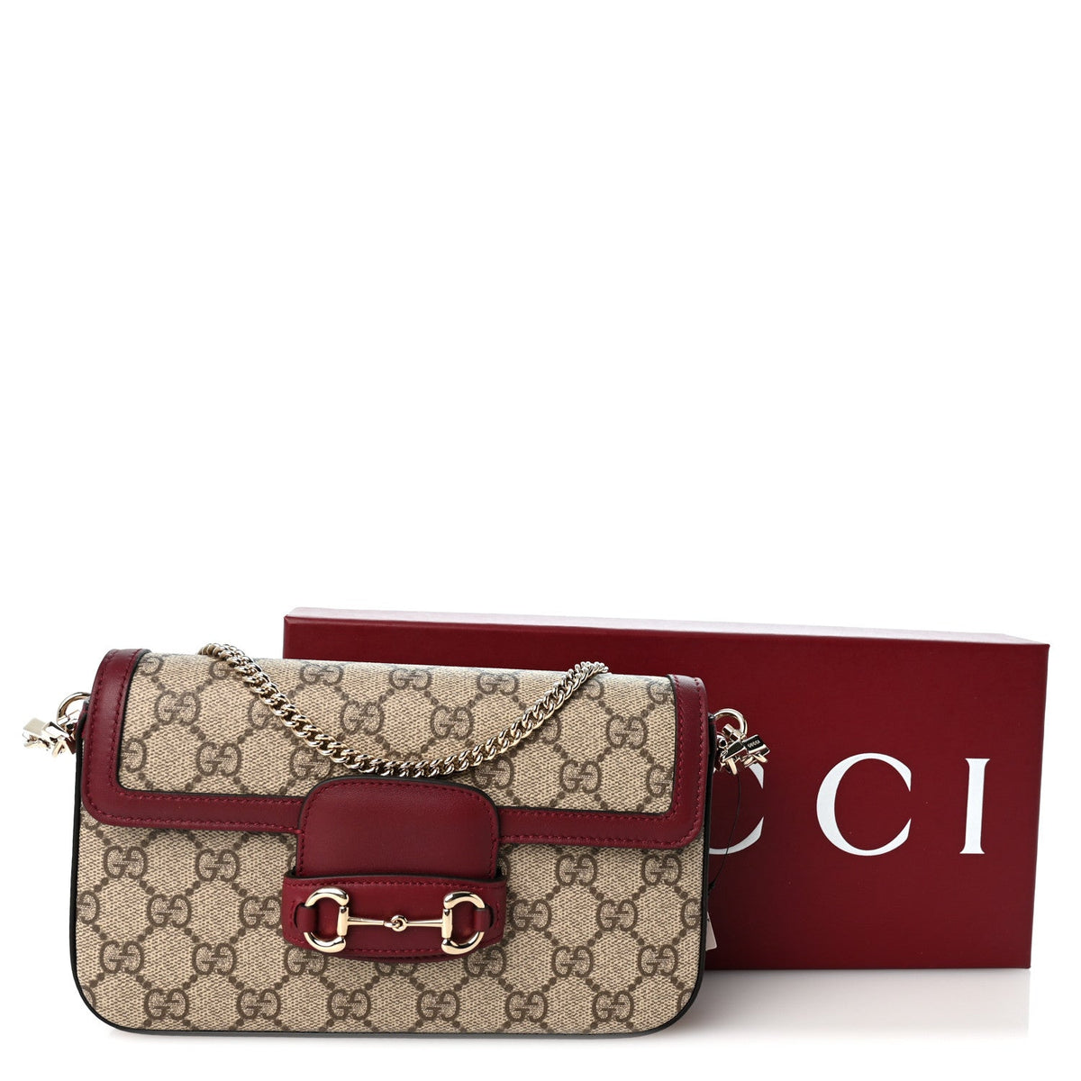GG Supreme Monogram Azalea Calfskin Horsebit 1955 Mini Bag Beige Ebony Rosso Ancora