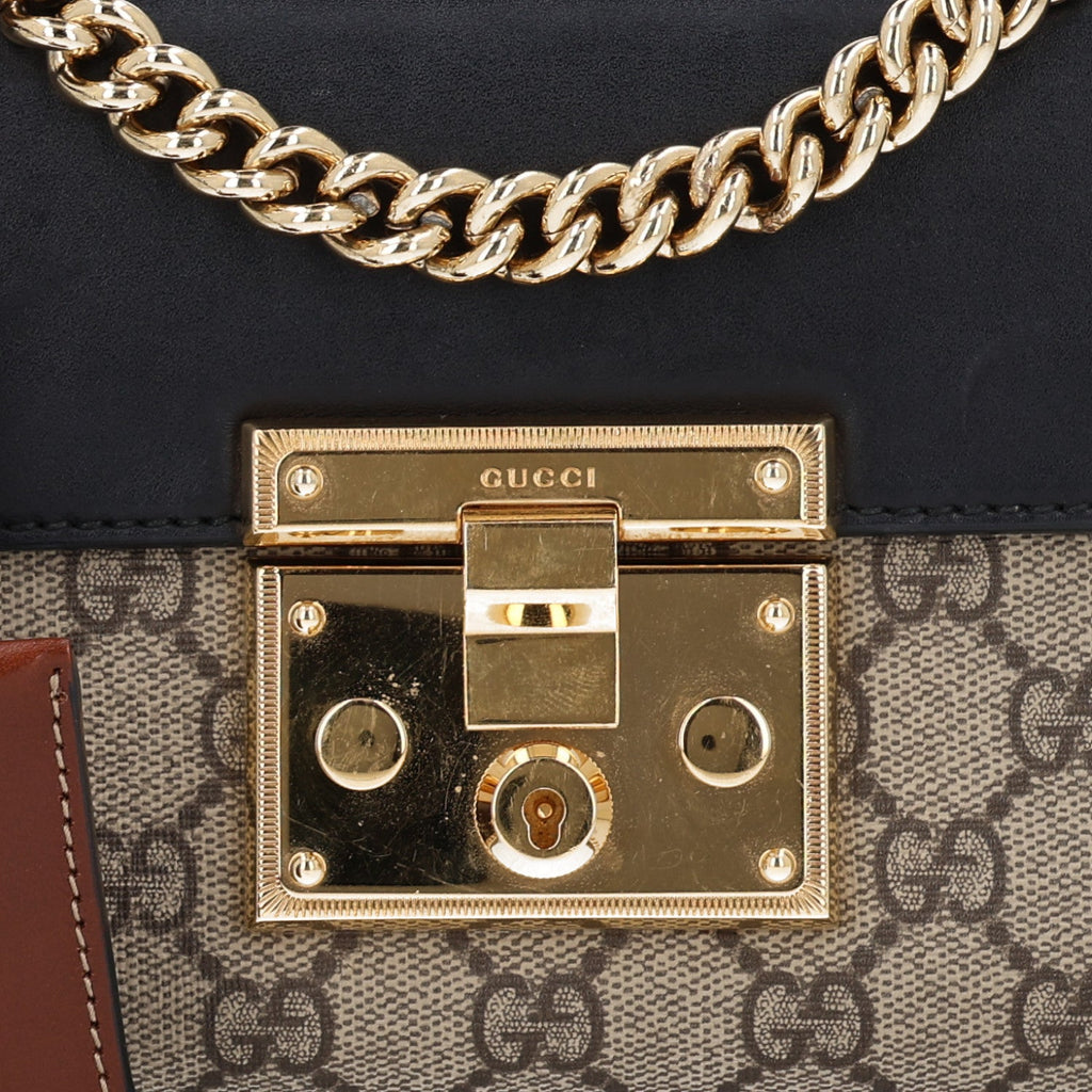 GG Supreme Monogram Calfskin Small Padlock Shoulder Bag Beige Black Cuir
