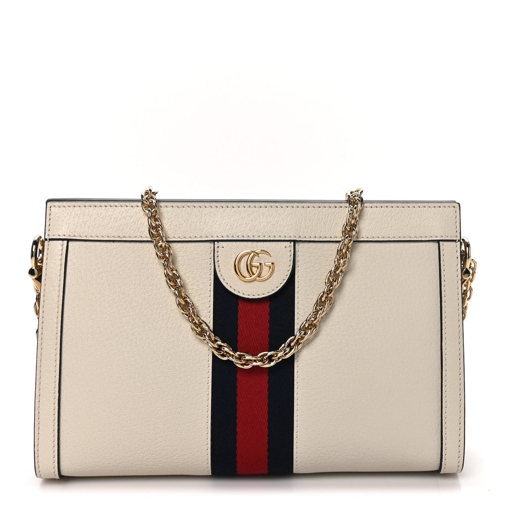 Textured Calfskin Web Small Ophidia Chain Shoulder Bag Mystic White
