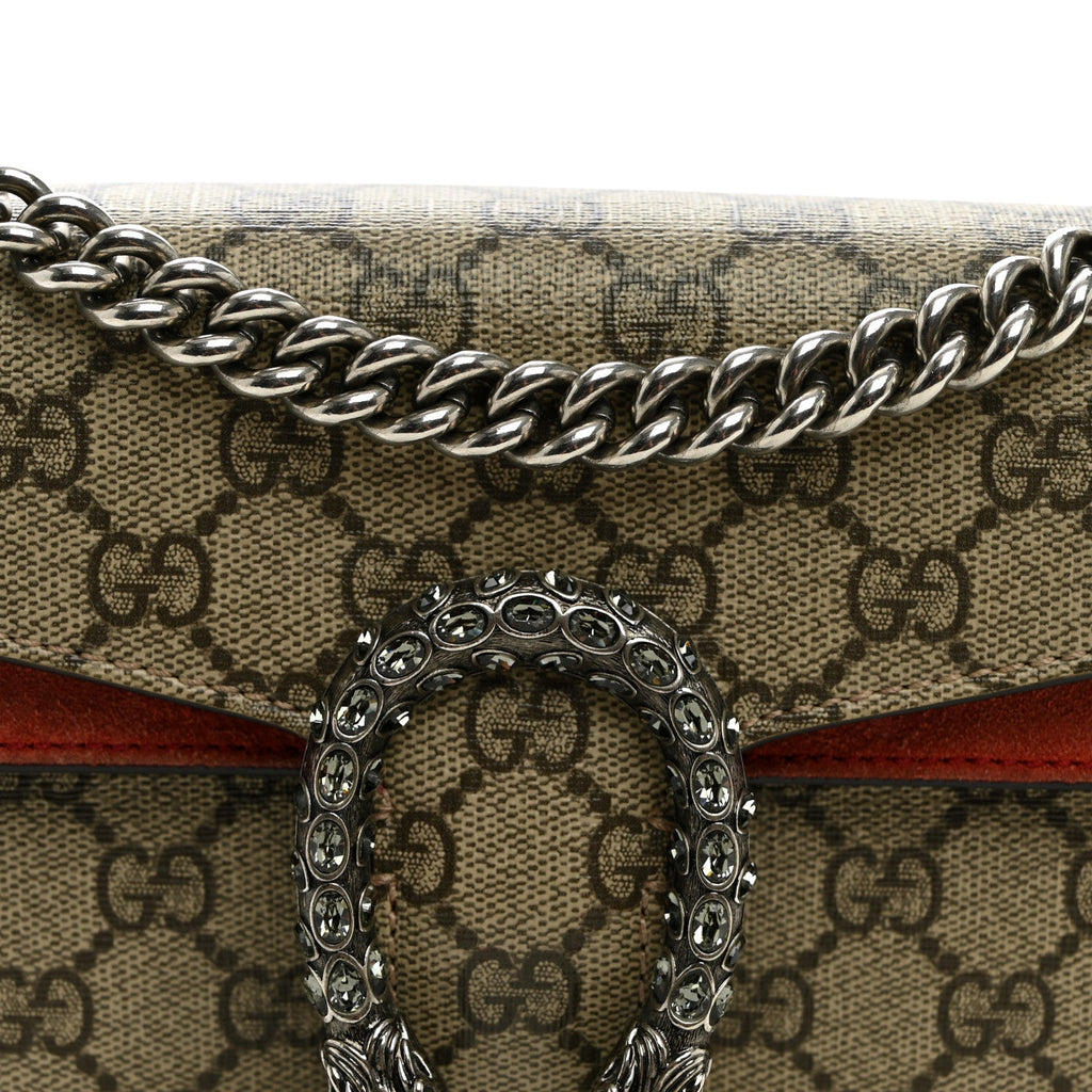 GG Supreme Monogram Suede Crystal Small Dionysus Shoulder Bag Beige Ebony Vulcanic Red