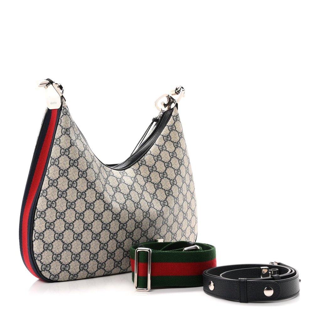 GG Supreme Monogram Textured Calfskin Web Large Attache Shoulder Bag Beige Blue