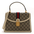 GG Supreme Monogram Textured Dollar Calfskin Web Small Ophidia Padlock Top Handle Bag Beige Ebony Mystic White