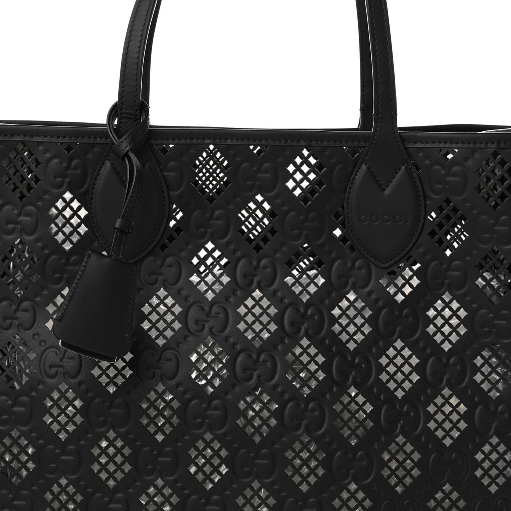 Calfskin GG Monogram Diamond Cut Medium Ophidia Tote Bag Black