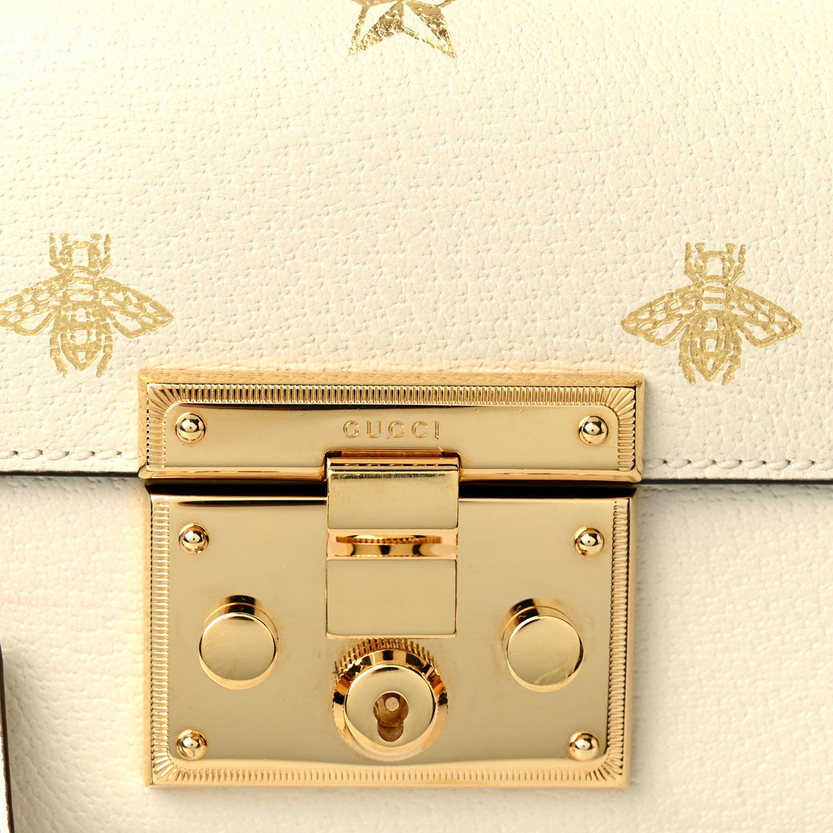 Grained Calfskin Bee Star Small Padlock Shoulder Bag White