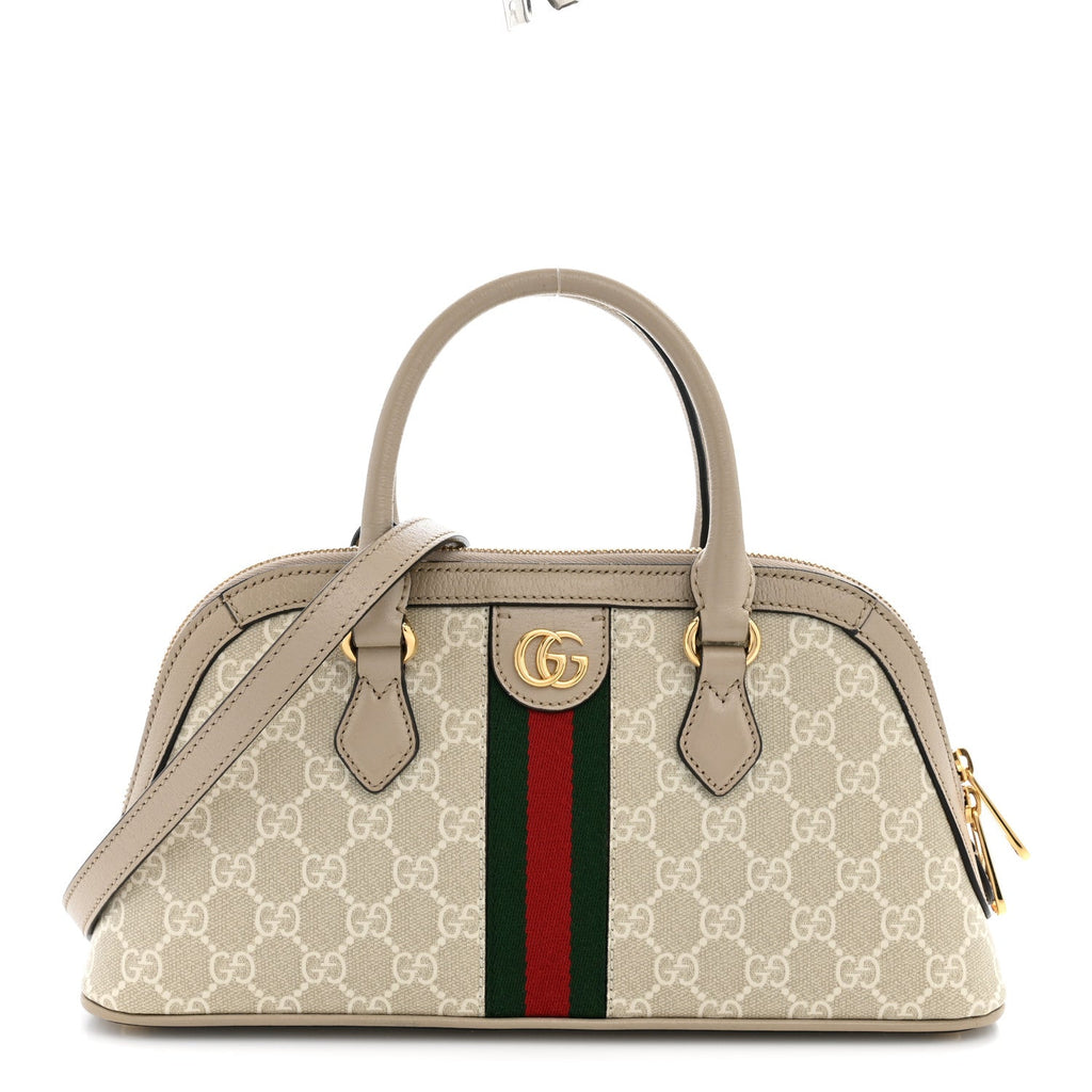GG Supreme Monogram Textured Dollar Calfskin Web Medium Ophidia Top Handle Bowler Bag Beige Mystic White Oatmeal