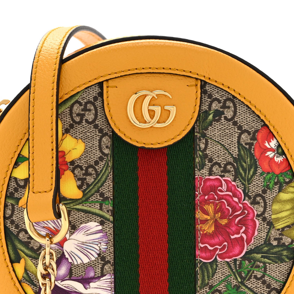GG Supreme Monogram Flora Web Mini Ophidia Round Shoulder Bag Beige Multicolor Crop