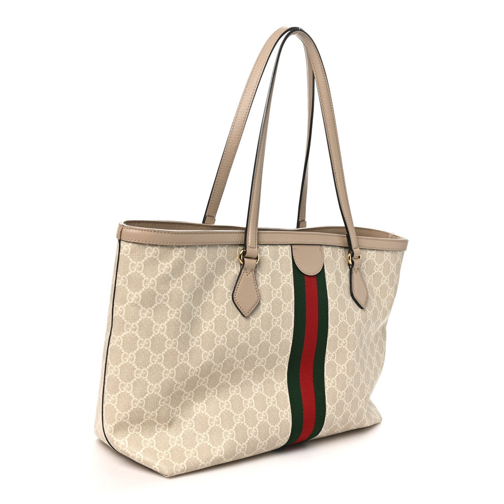 GG Supreme Monogram Textured Dollar Calfskin Web Large Ophidia Shopping Tote Beige Mystic White Oatmeal