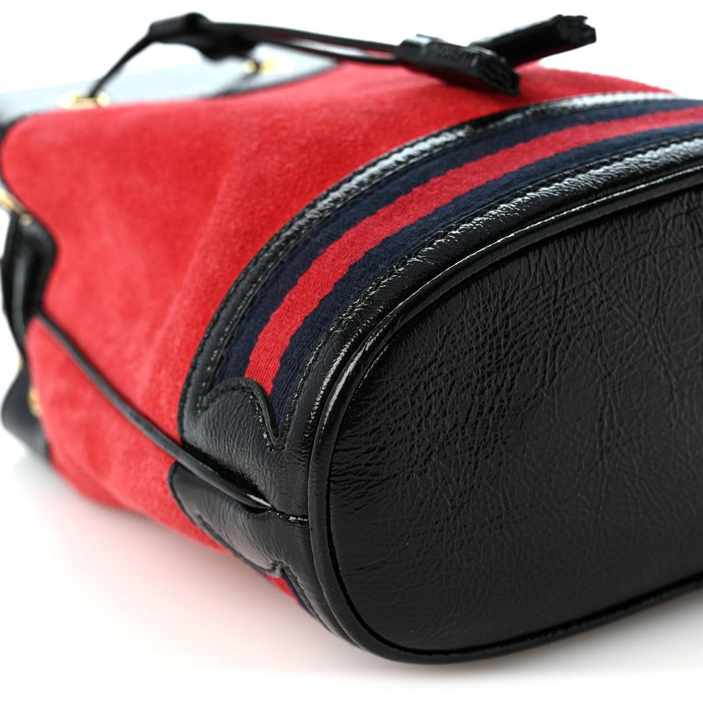 Suede Patent Web Small Ophidia Bucket Bag Hibiscus Red Black