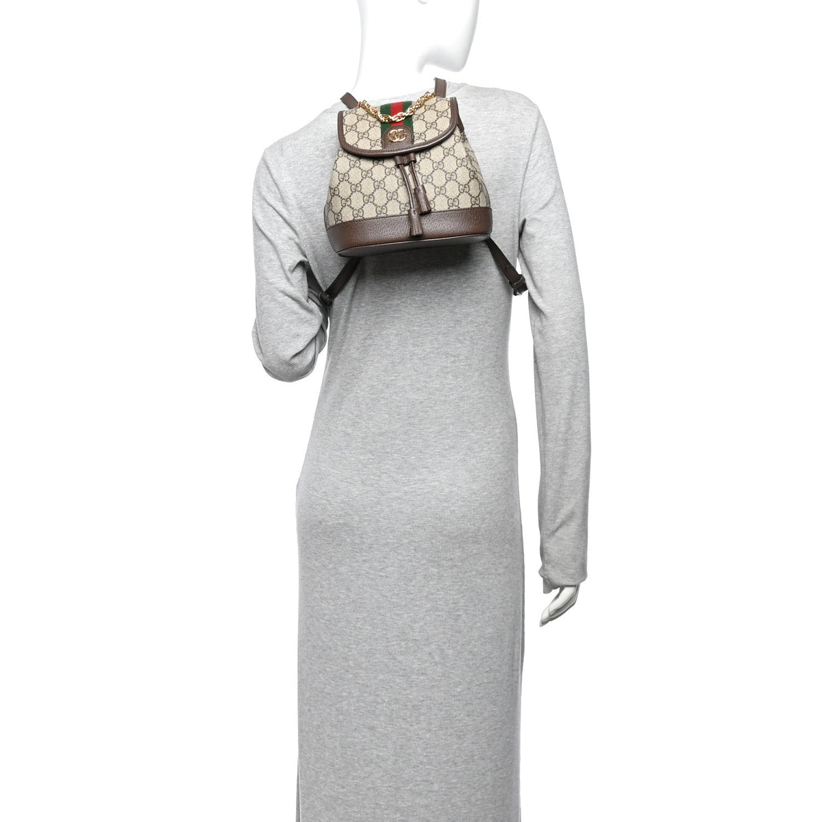 GG Supreme Monogram Textured Dollar Calfskin Web Mini Ophidia Chain Drawstring Backpack Beige Brown