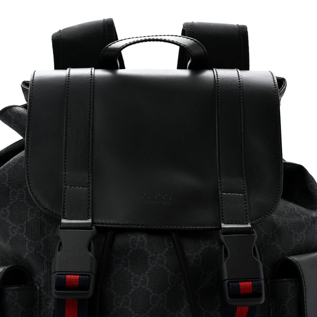 Soft GG Supreme Monogram Calfskin Web Double Buckle Backpack Black