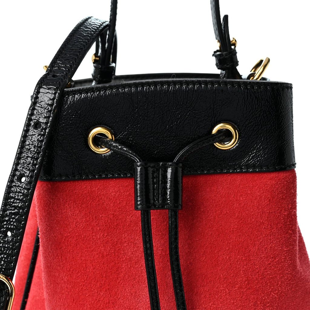 Suede Patent Web Small Ophidia Bucket Bag Hibiscus Red Black