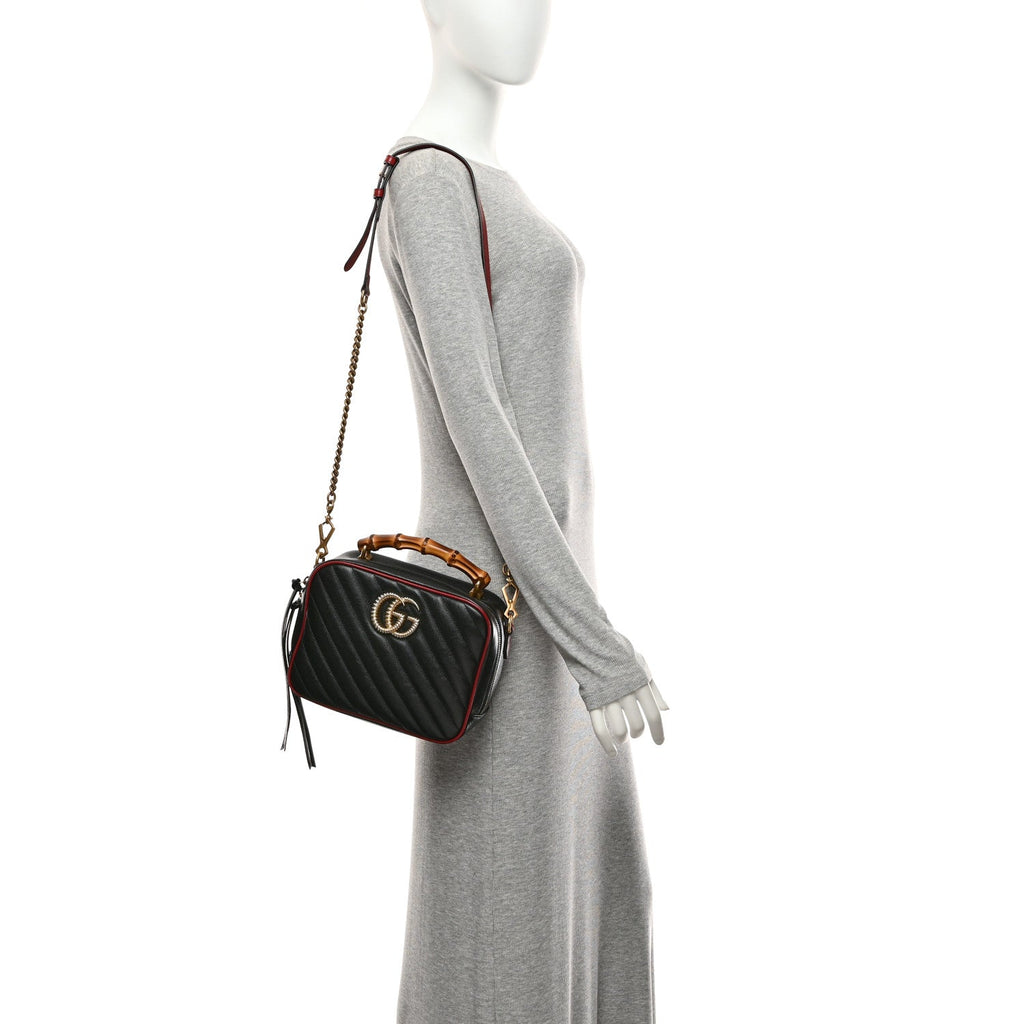 Vintage Effect Calfskin Matelasse Diagonal Small Torchon GG Marmont Bamboo Top Handle Shoulder Bag Black Romantic Cherry