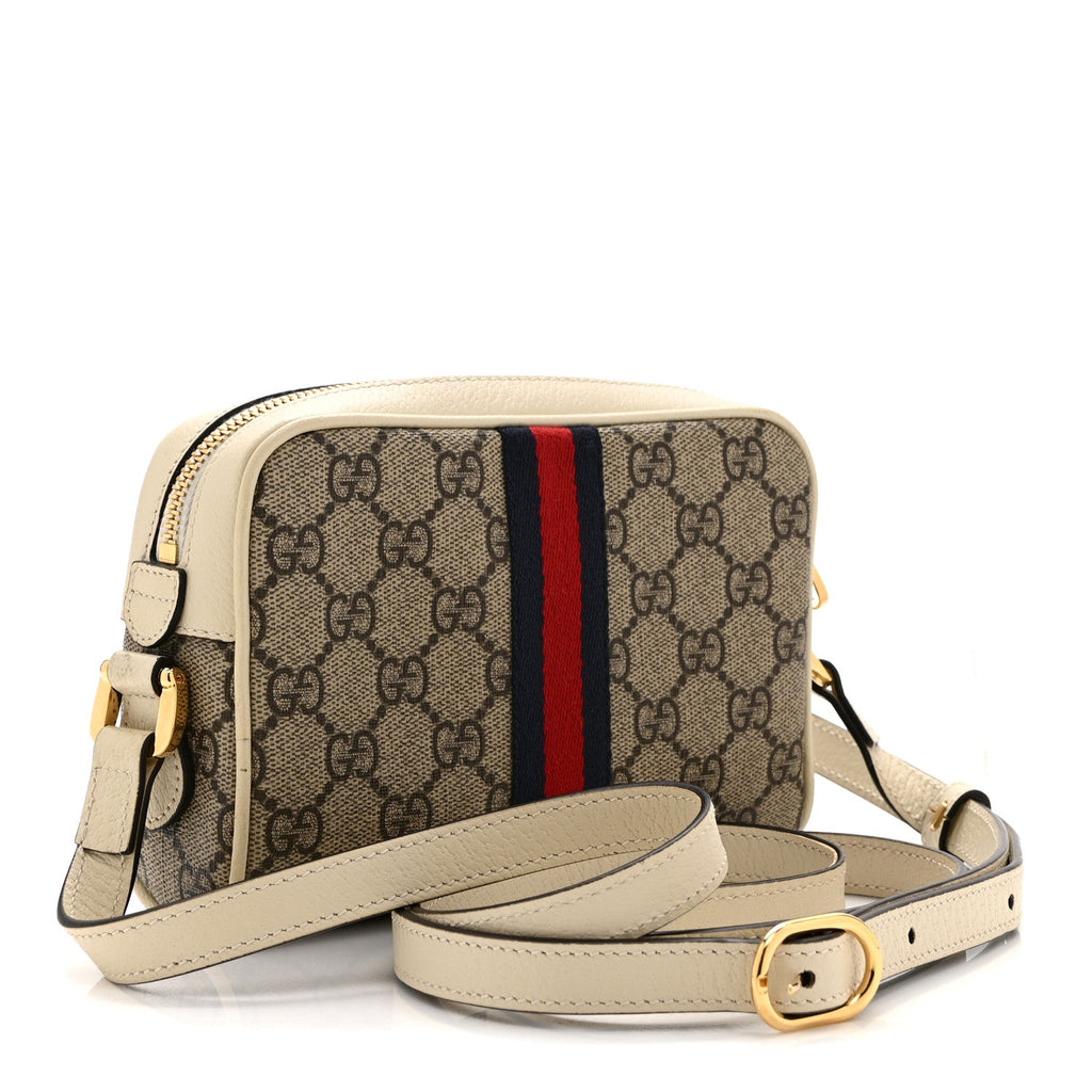 GG Supreme Monogram Textured Calfskin Web Mini Ophidia Shoulder Bag Beige Ebony Mystic White