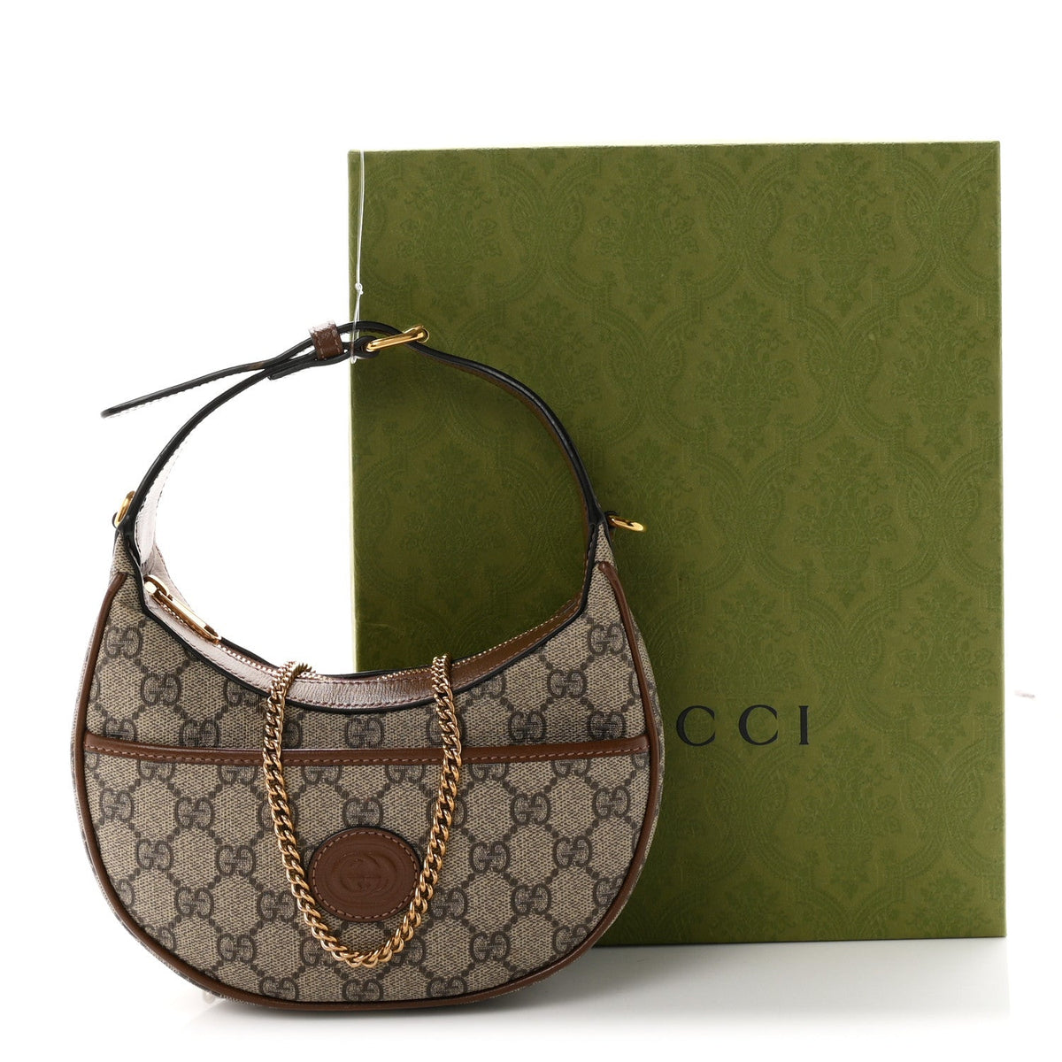 GG Supreme Monogram Azalea Calfskin Mini Retro Interlocking G Half Moon Bag Beige Ebony Brown Sugar