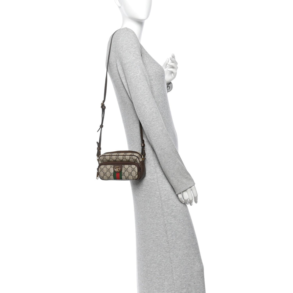 GG Supreme Monogram Textured Dollar Calfskin Web Mini Ophidia Convertible Shoulder Bag Beige Ebony New Acero