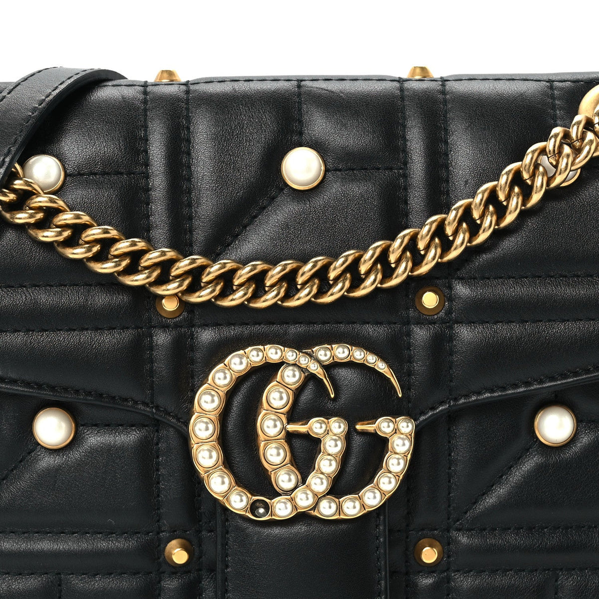 Calfskin Matelasse Studded Small Pearly GG Marmont Shoulder Bag Black