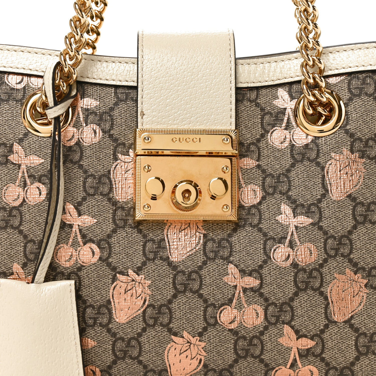 GG Supreme Monogram Berry Textured Dollar Calfskin Small Padlock Tote Beige Ebony Light Copper Mystic White