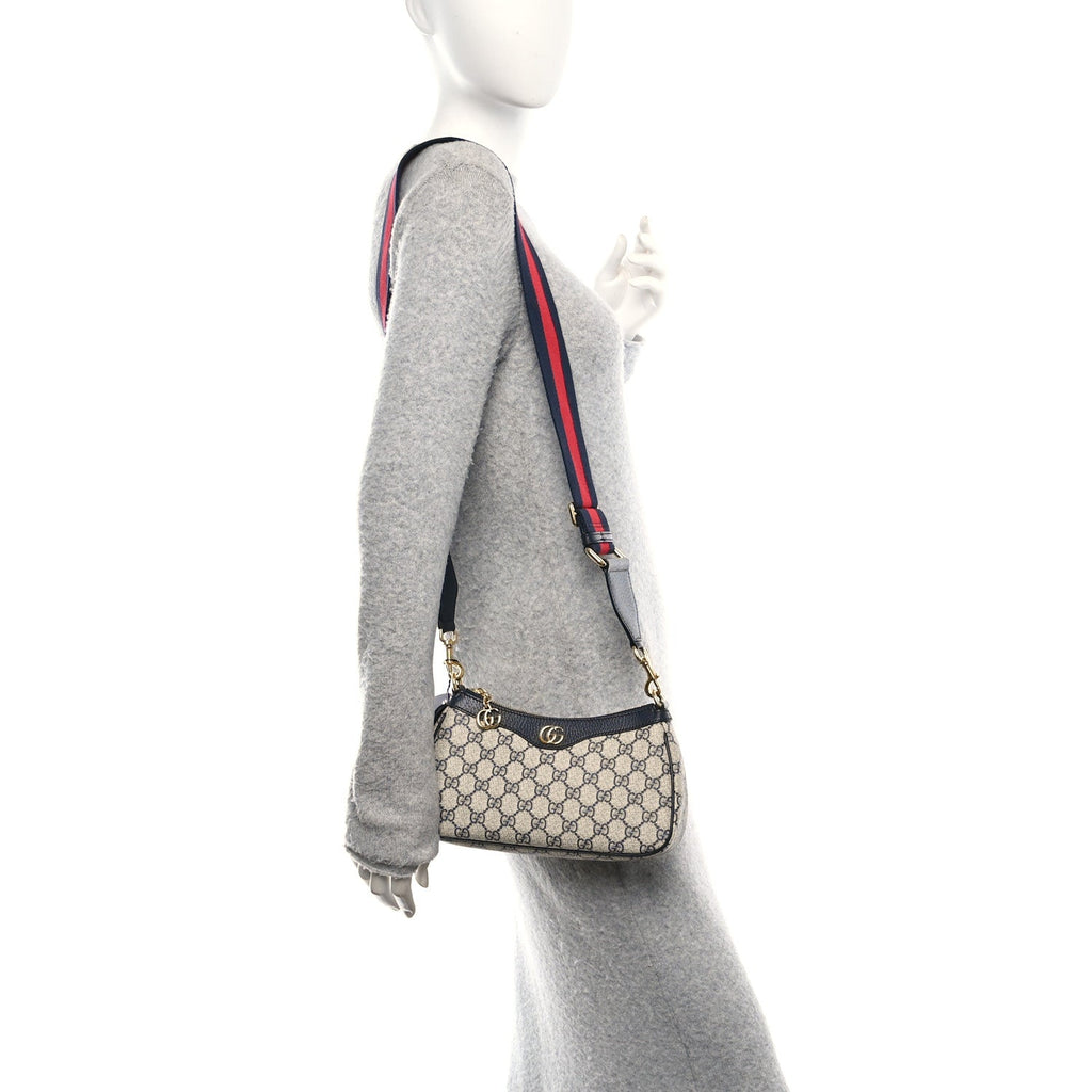 GG Supreme Monogram Textured Dollar Calfskin Web Small Ophidia GG Handbag Beige Blue