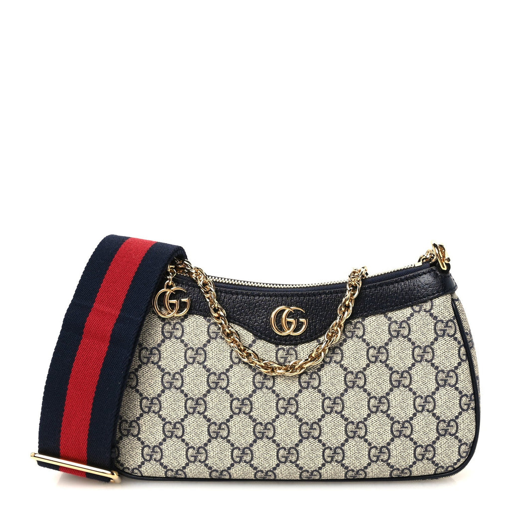 GG Supreme Monogram Textured Dollar Calfskin Web Small Ophidia GG Handbag Beige Blue