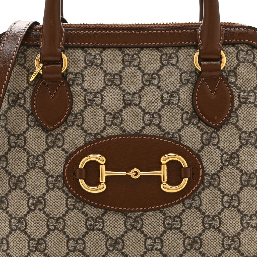 GG Supreme Monogram Azalea Calfskin Small Horsebit 1955 Top Handle Bag Beige Ebony Brown Sugar