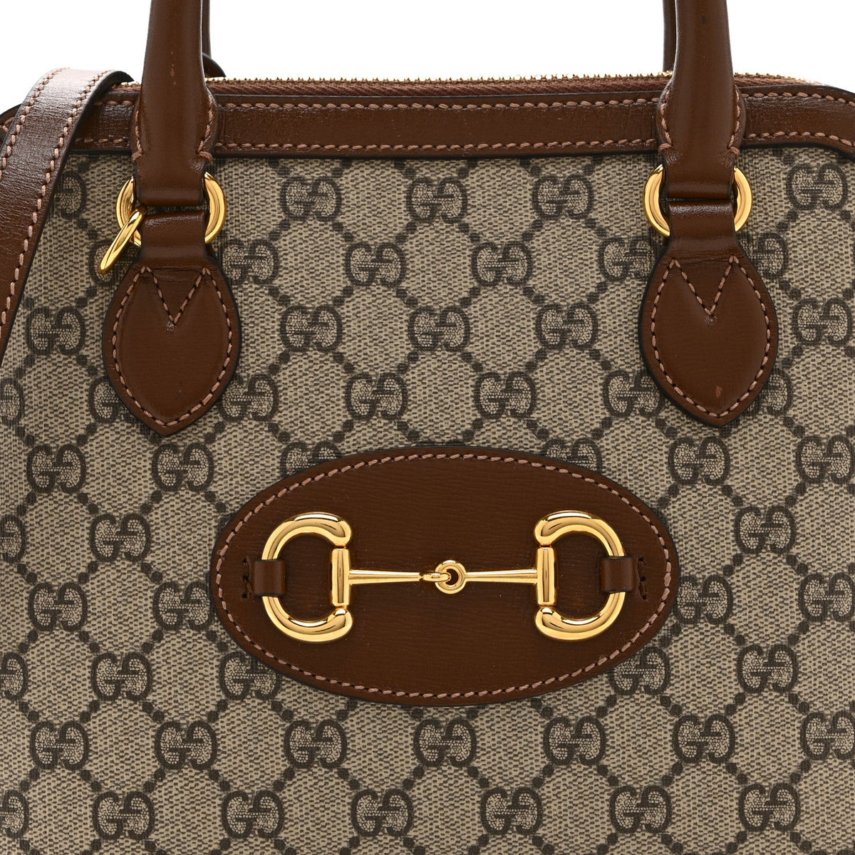 GG Supreme Monogram Azalea Calfskin Small Horsebit 1955 Top Handle Bag Beige Ebony Brown Sugar