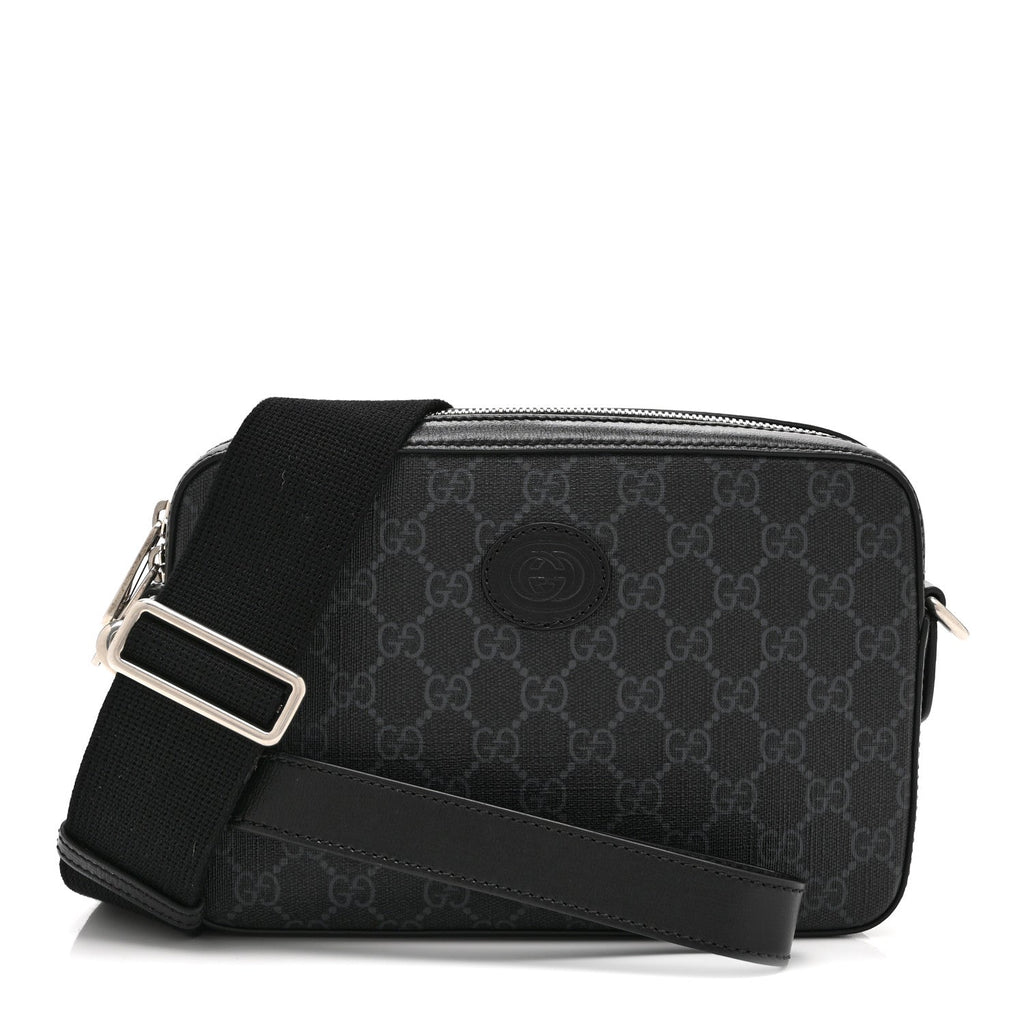 GG Supreme Monogram Azalea Calfskin Retro Interlocking G Wristlet Shoulder Bag Black