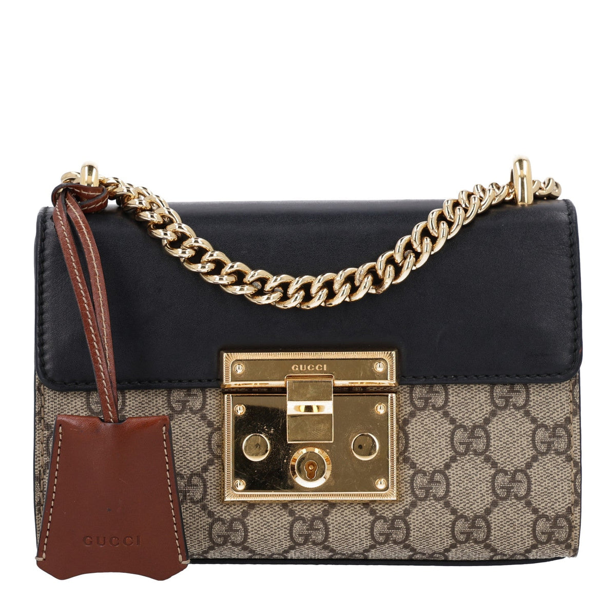 GG Supreme Monogram Calfskin Small Padlock Shoulder Bag Beige Black Cuir