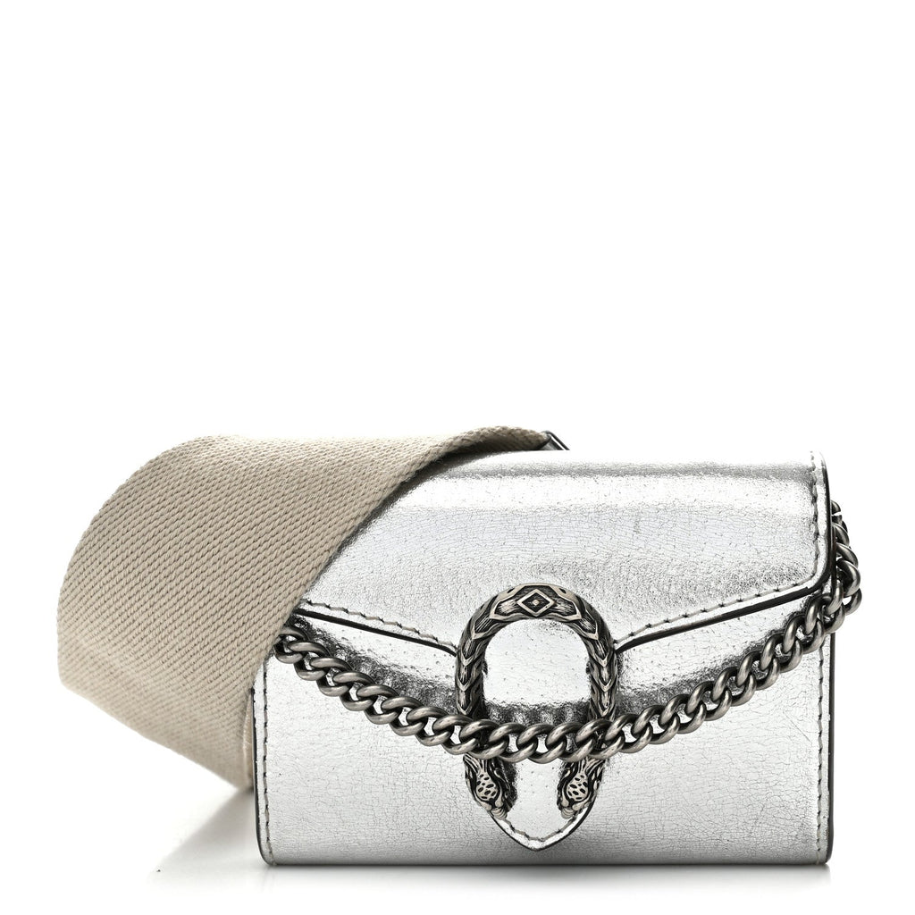 Metallic Calfskin Super Mini Dionysus Wallet with Strap Silver