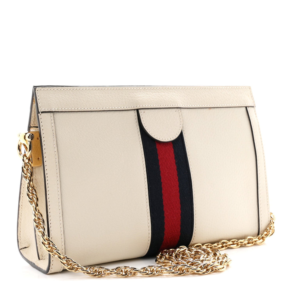Textured Calfskin Web Small Ophidia Chain Shoulder Bag Mystic White