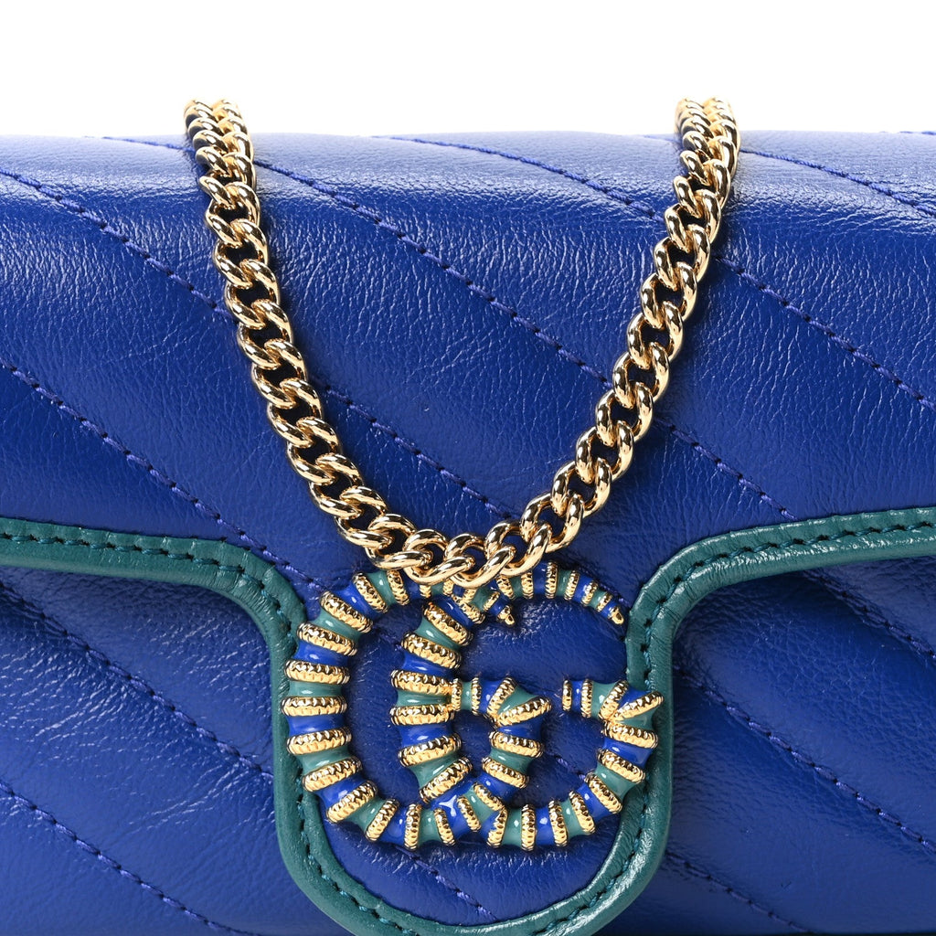 Azalea Calfskin Enamel Matelasse Diagonal Super Mini Torchon GG Marmont Shoulder Bag Imperial Blue Pavone