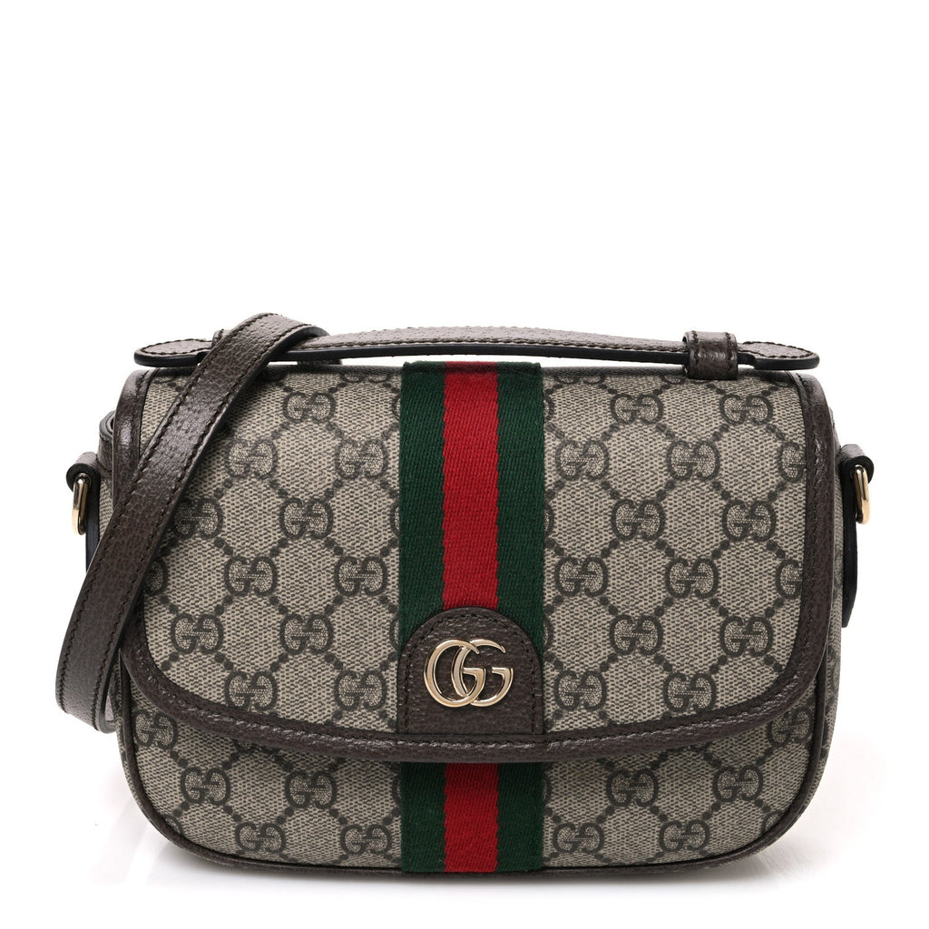 GG Supreme Monogram Textured Dollar Calfskin Small Ophidia Top Handle Shoulder Bag Beige Brown
