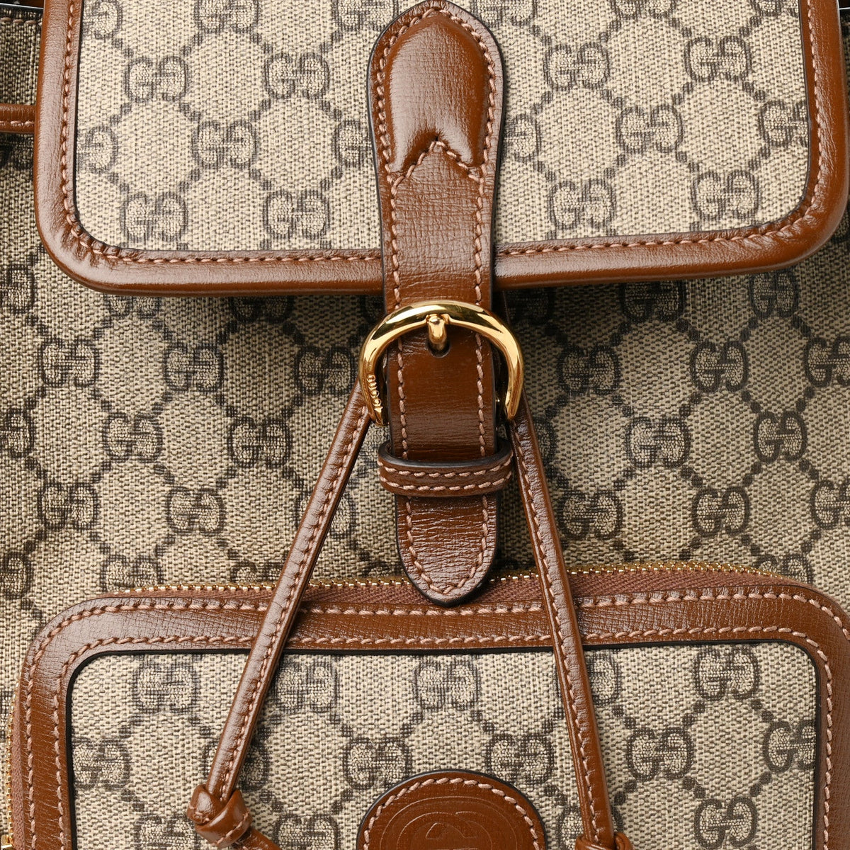 GG Supreme Monogram Azalea Calfskin Retro Interlocking G Buckle Backpack Beige Ebony Brown Sugar