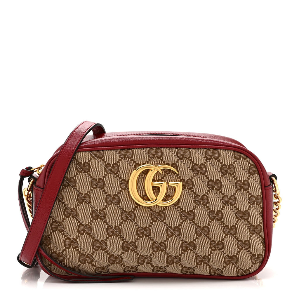 Monogram Azalea Calfskin Matelasse Diagonal Small GG Marmont Chain Shoulder Bag Beige Ebony New Cherry Red