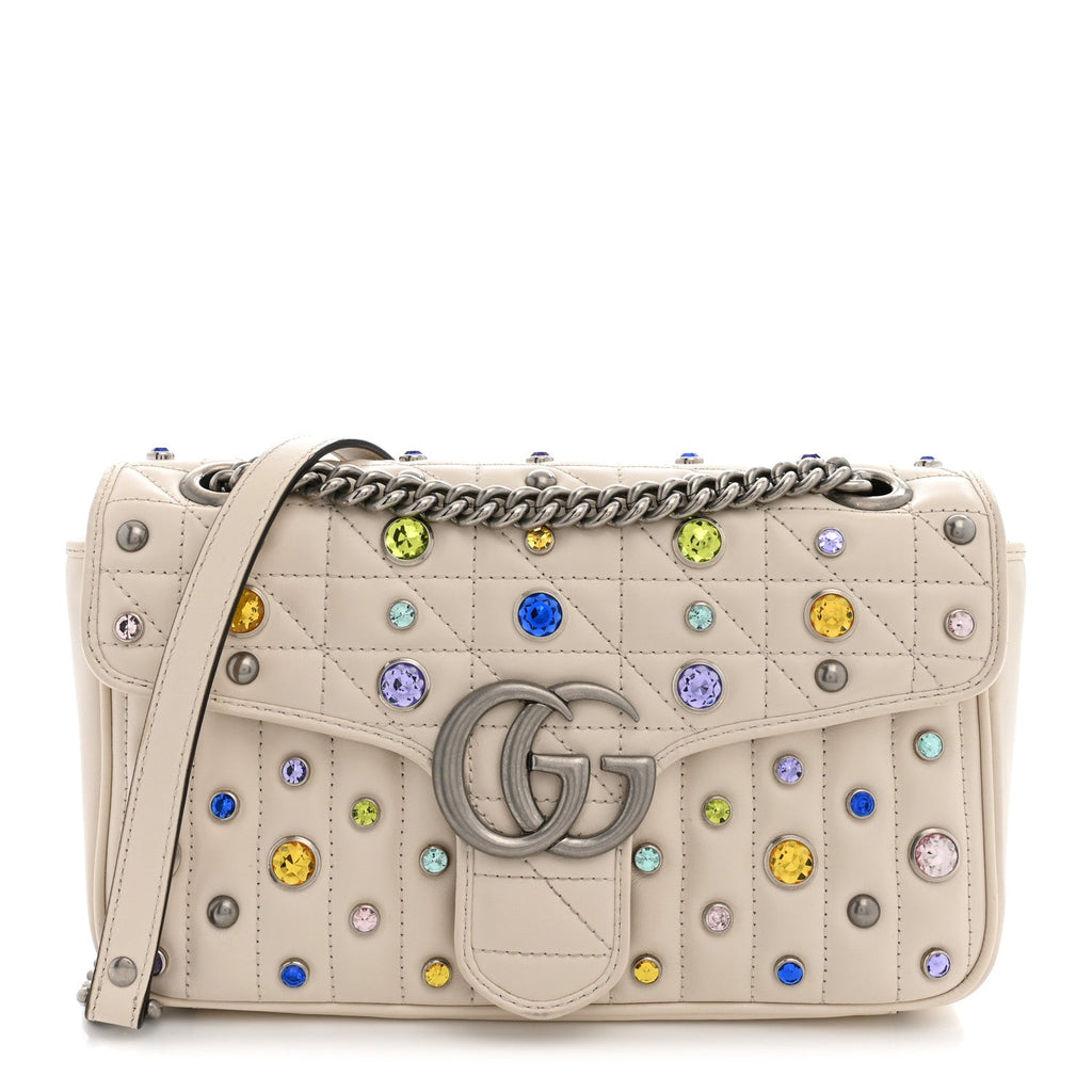 Calfskin Crystal Matelasse Aria Small GG Marmont Shoulder Bag Mystic White Multicolor