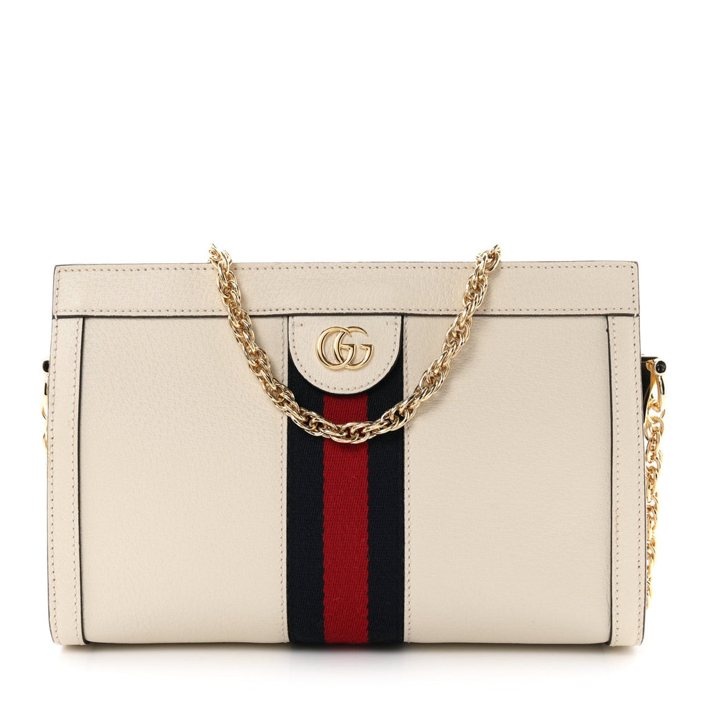 Textured Calfskin Web Small Ophidia Chain Shoulder Bag Mystic White