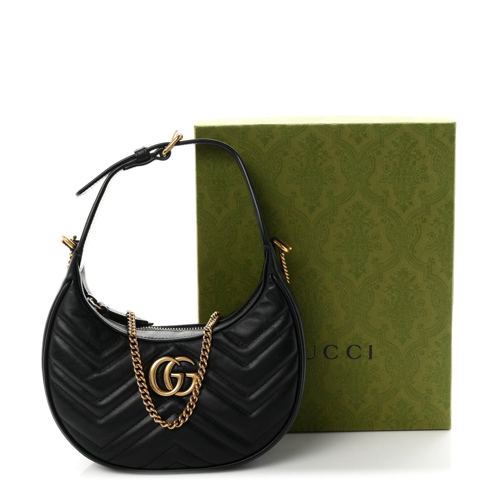 Calfskin Matelasse Chevron Mini GG Marmont Half Moon Hobo Black